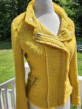 Carolina Belle Yellow Tweed Fringe Zip Blazer Made In MONTREAL Canada Petite S